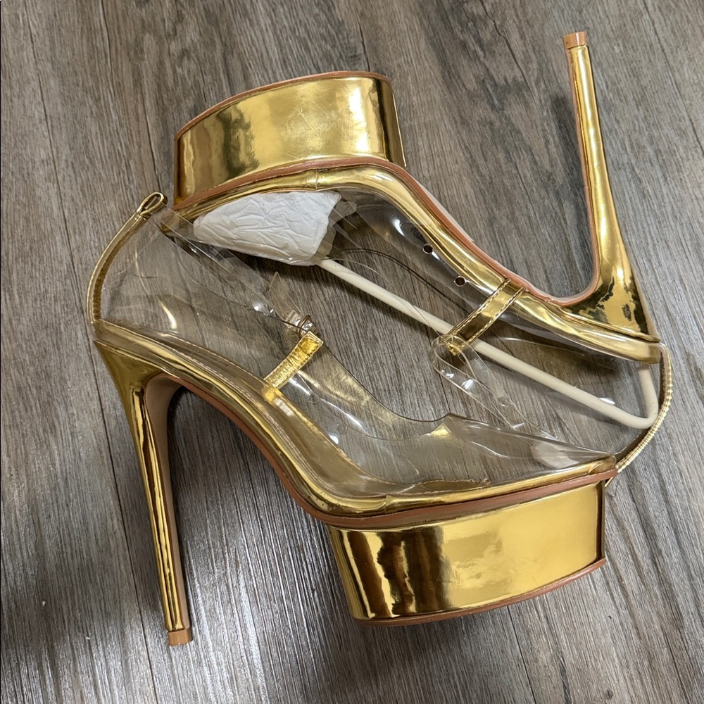 Fashion Nova Gold Clear Platform Slingback Heels